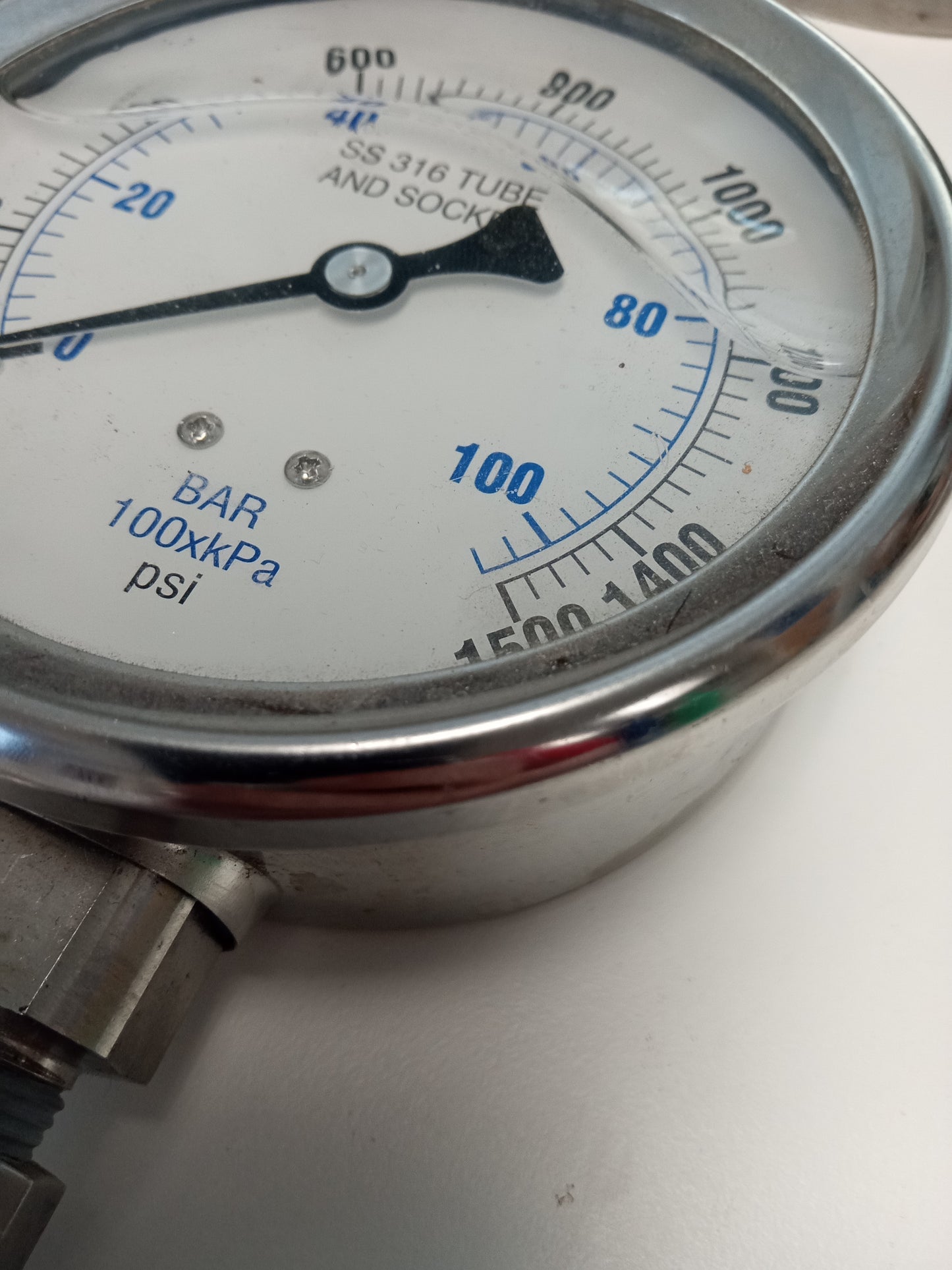 0-1500psi Pressure Gauge (0-100 bar and 0-10,000 kPa) half inch 316 Steel