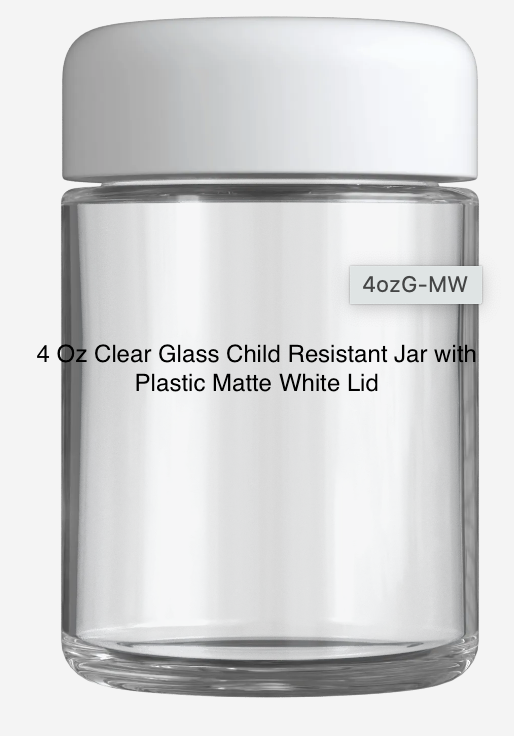 4 Oz Clear Glass Child Resistant Jar with Plastic Matte White Lid-100 units per case