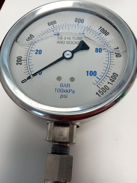 0-1500psi Pressure Gauge (0-100 bar and 0-10,000 kPa) half inch 316 Steel